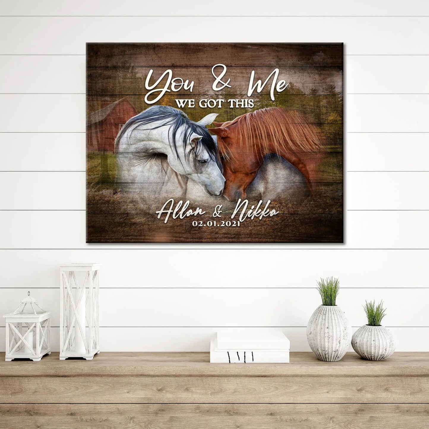 We Got This Couple Horse Sign canvas featuring two horses on rustic wood Tailored Canvases on Tampa Home & Garden Store
