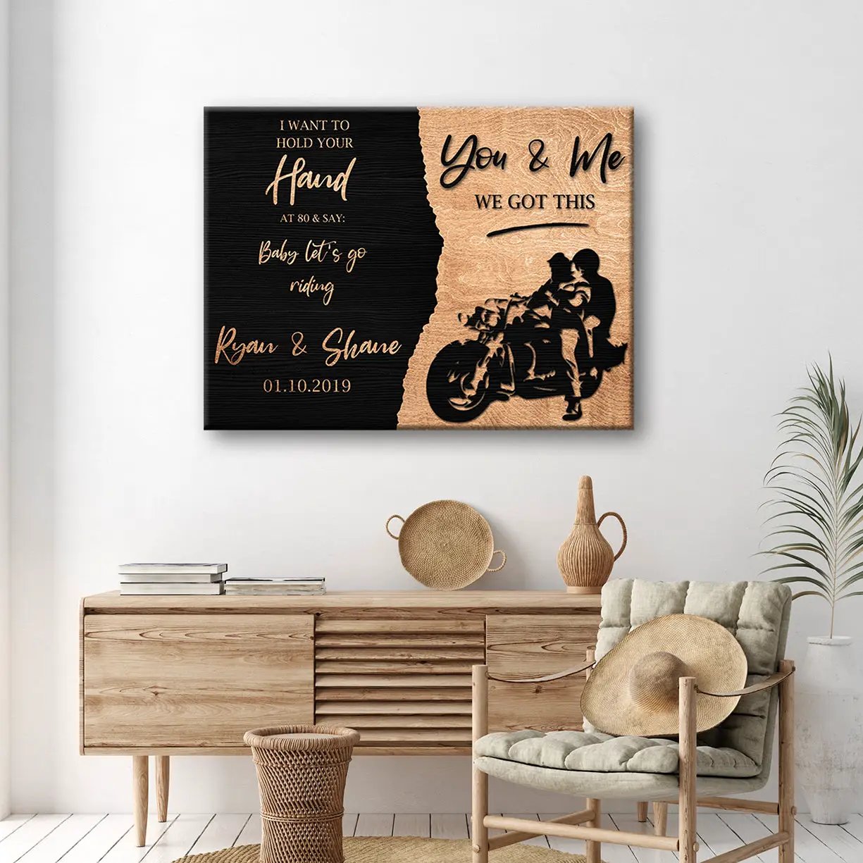 Canvas sign We Got This Bikers Couple Sign with black tan split and motorcycle silhouette on Tampa Home & Garden Store