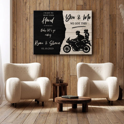 We Got This Bikers Couple Sign canvas with black panel and wood right Tailored Canvases on Tampa Home & Garden Store