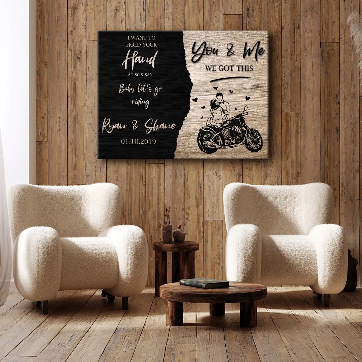 We Got This Bikers Couple Sign canvas in black and beige with motorcycle duo on Tampa Home & Garden Store