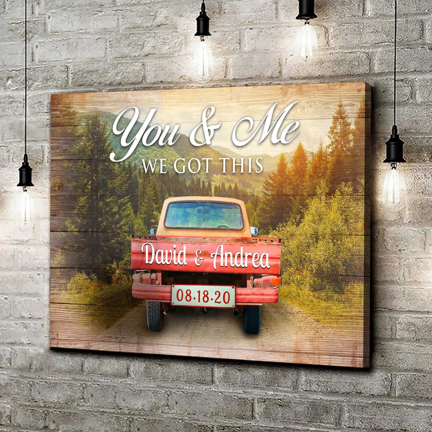We Got This Couple Red Truck Sign canvas with rustic wood backdrop and vintage truck scene on Tampa Home & Garden Store