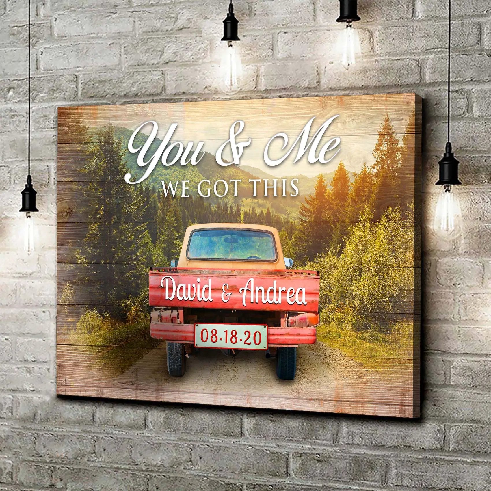We Got This Couple Red Truck Sign canvas with rustic wood backdrop and vintage truck scene on Tampa Home & Garden Store