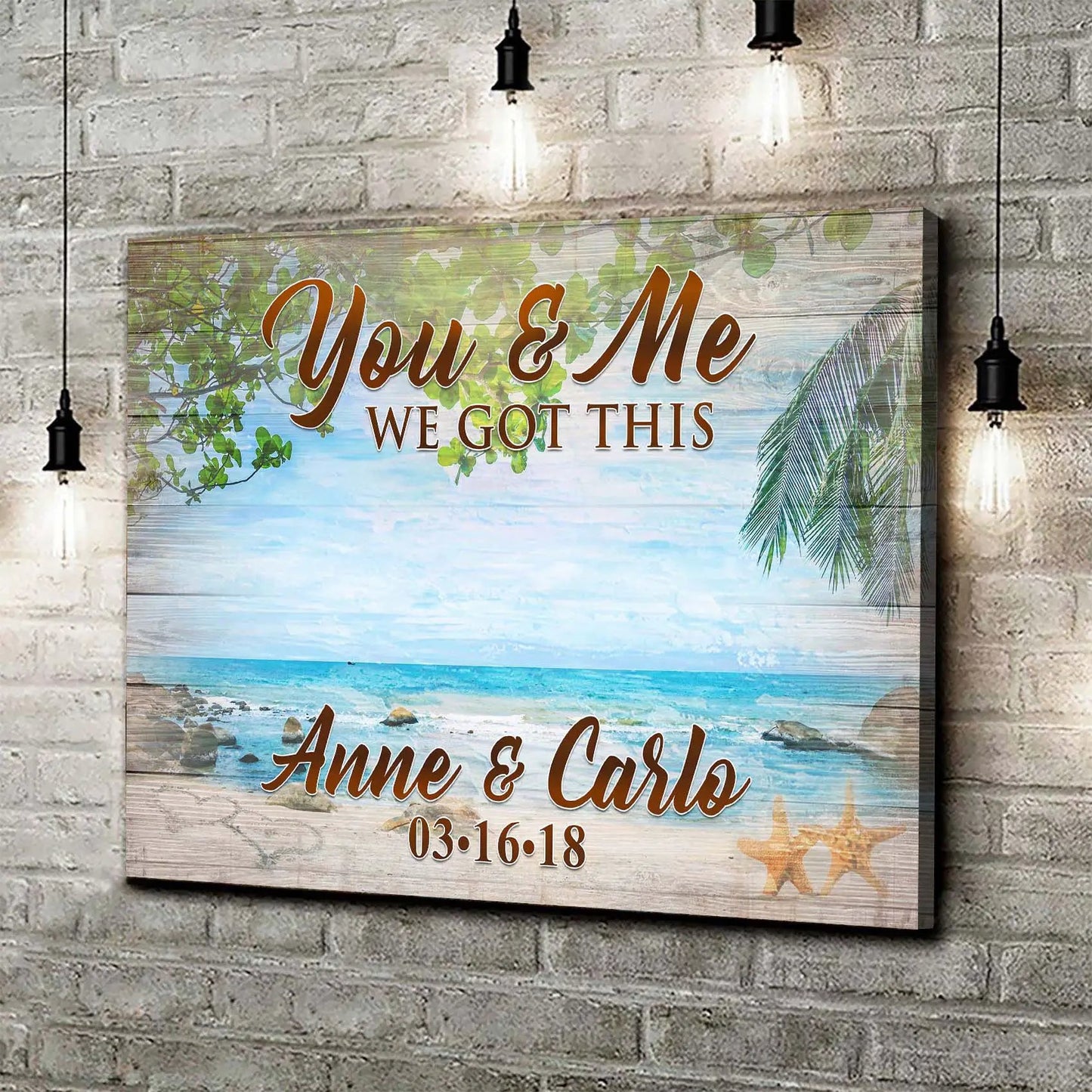 Canvas beach sign with palm leaves and ocean, You & Me WE GOT THIS text on Tampa Home & Garden Store