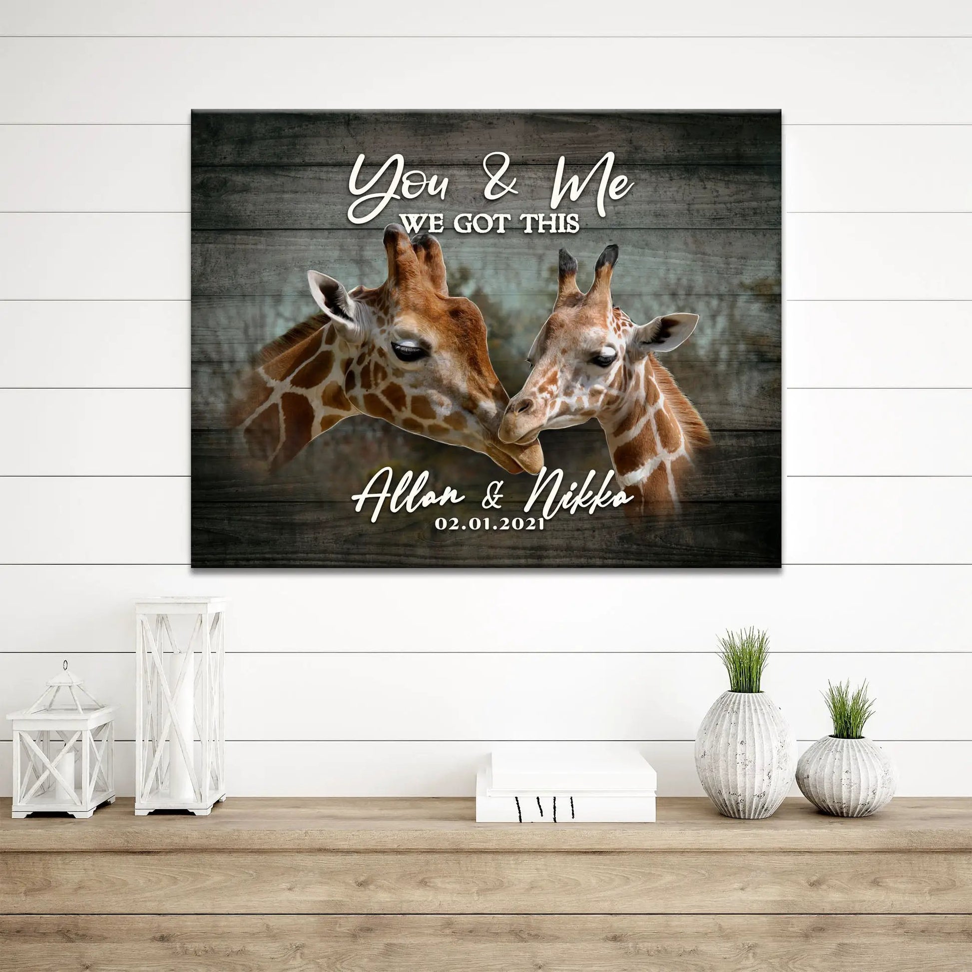 Canvas sign Tailored Canvases featuring two giraffes on wood background with You & Me We Got This on Tampa Home & Garden Store