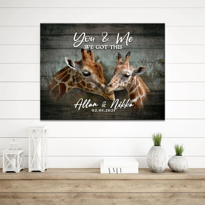 Canvas sign Tailored Canvases featuring two giraffes on wood background with You & Me We Got This on Tampa Home & Garden Store
