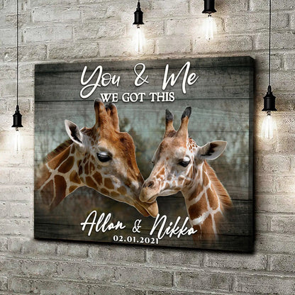 We Got This Couple Giraffe Sign canvas by Tailored Canvases with two giraffes on a rustic wood backdrop on Tampa Home & Garden Store