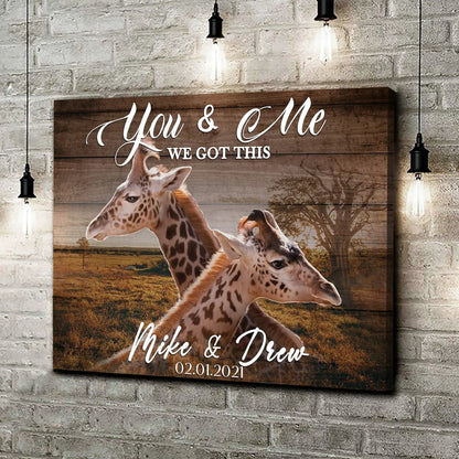 We Got This Couple Giraffe Sign canvas by Tailored Canvases on rustic wood backdrop featuring two giraffes on Tampa Home & Garden Store
