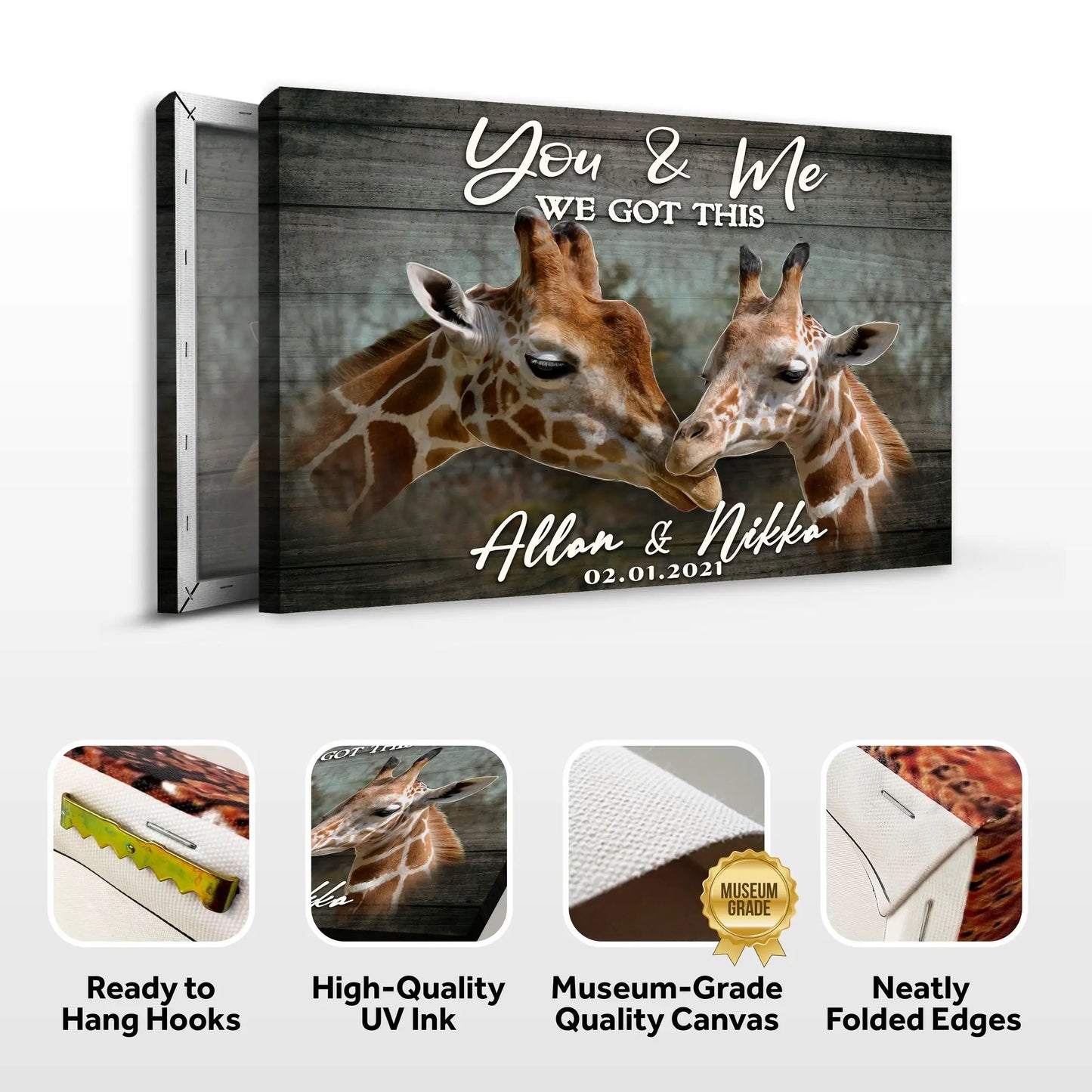 Tailored Canvases sign with giraffes nuzzling under You & Me We Got This on wood backdrop on Tampa Home & Garden Store