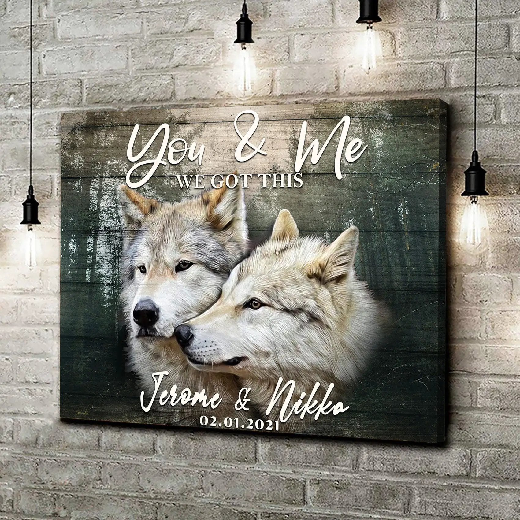 We Got This Couple Wolves Sign canvas with two wolves against rustic wood on Tampa Home & Garden Store