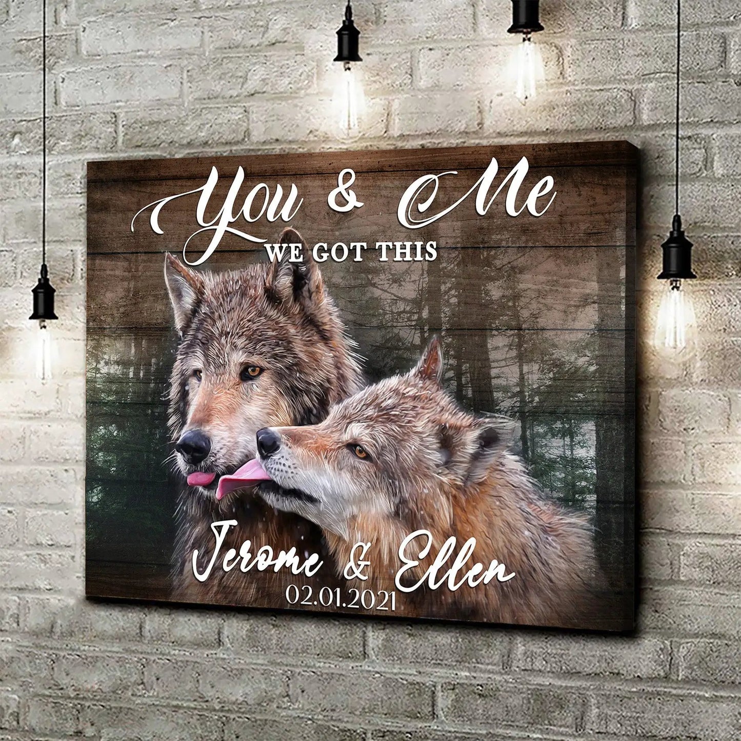 We Got This Couple Wolves Sign canvas wall art featuring two wolves on a wood background and You & Me on Tampa Home & Garden Store