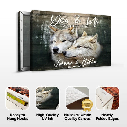 We Got This Couple Wolves Sign canvas with two wolves on rustic wood backdrop and You & Me text on Tampa Home & Garden Store