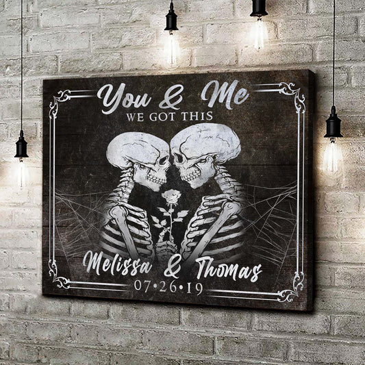 We Got This Skeleton canvas sign by Tailored Canvases, Melissa & Thomas 07.26.19 on dark canvas on Tampa Home & Garden Store