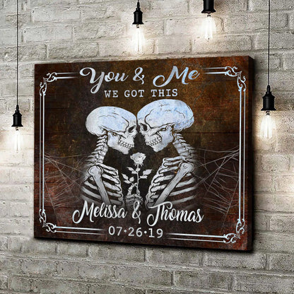 Canvas sign We Got This Skeleton Couple Sign II by Tailored Canvases, rustic brown with two kissing skeletons on Tampa Home & Garden Store