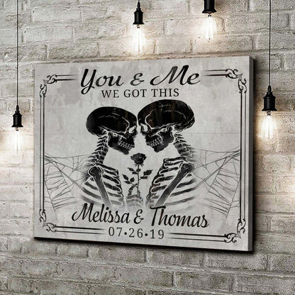 Canvas sign We Got This skeleton graphic in black script Melissa & Thomas 07-26-19 on Tampa Home & Garden Store