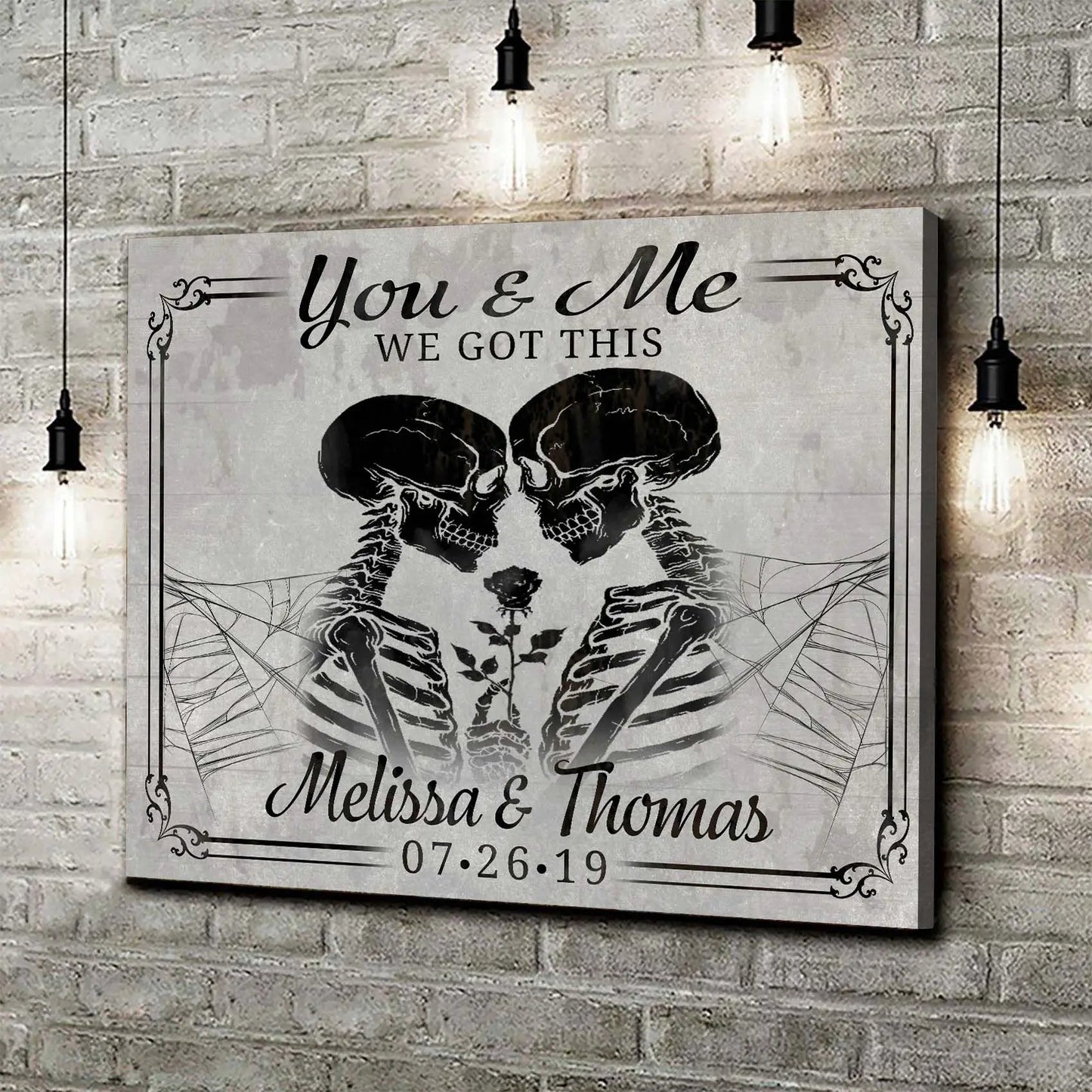 We Got This Skeleton Couple Sign canvas by Tailored Canvases; gray-toned skeleton kiss art on Tampa Home & Garden Store