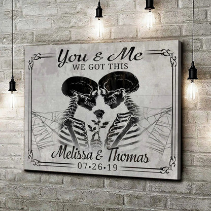 We Got This Skeleton Couple Sign canvas by Tailored Canvases; gray-toned skeleton kiss art on Tampa Home & Garden Store
