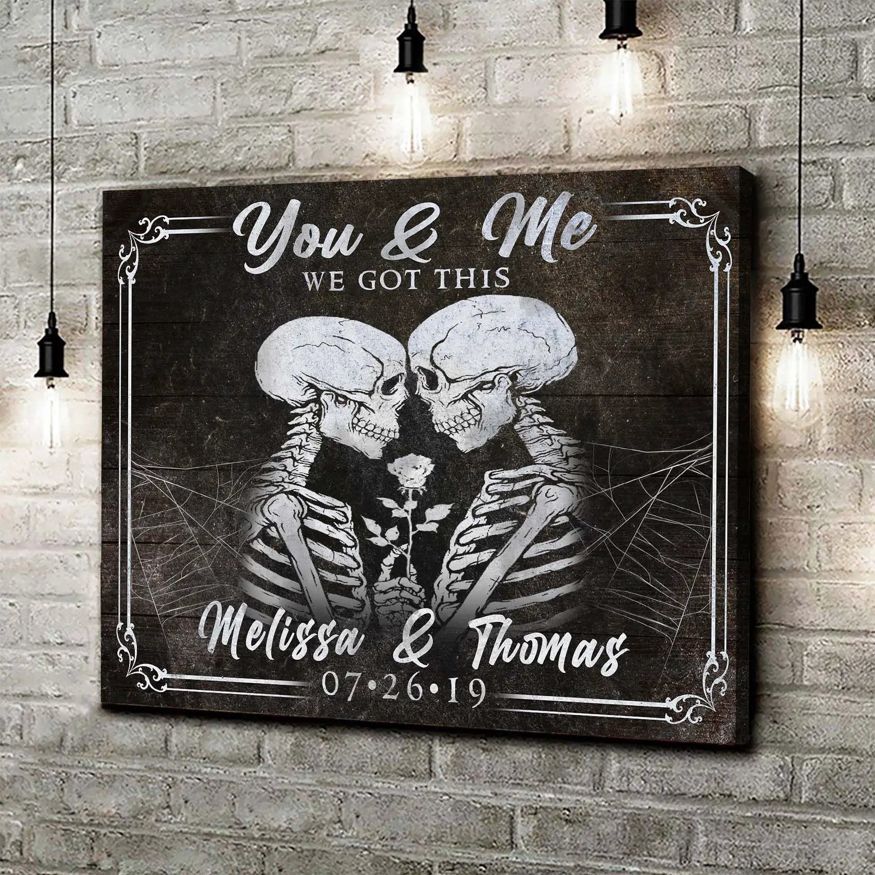 We Got This Skeleton Couple II canvas sign with You & Me and skeleton art on Tampa Home & Garden Store