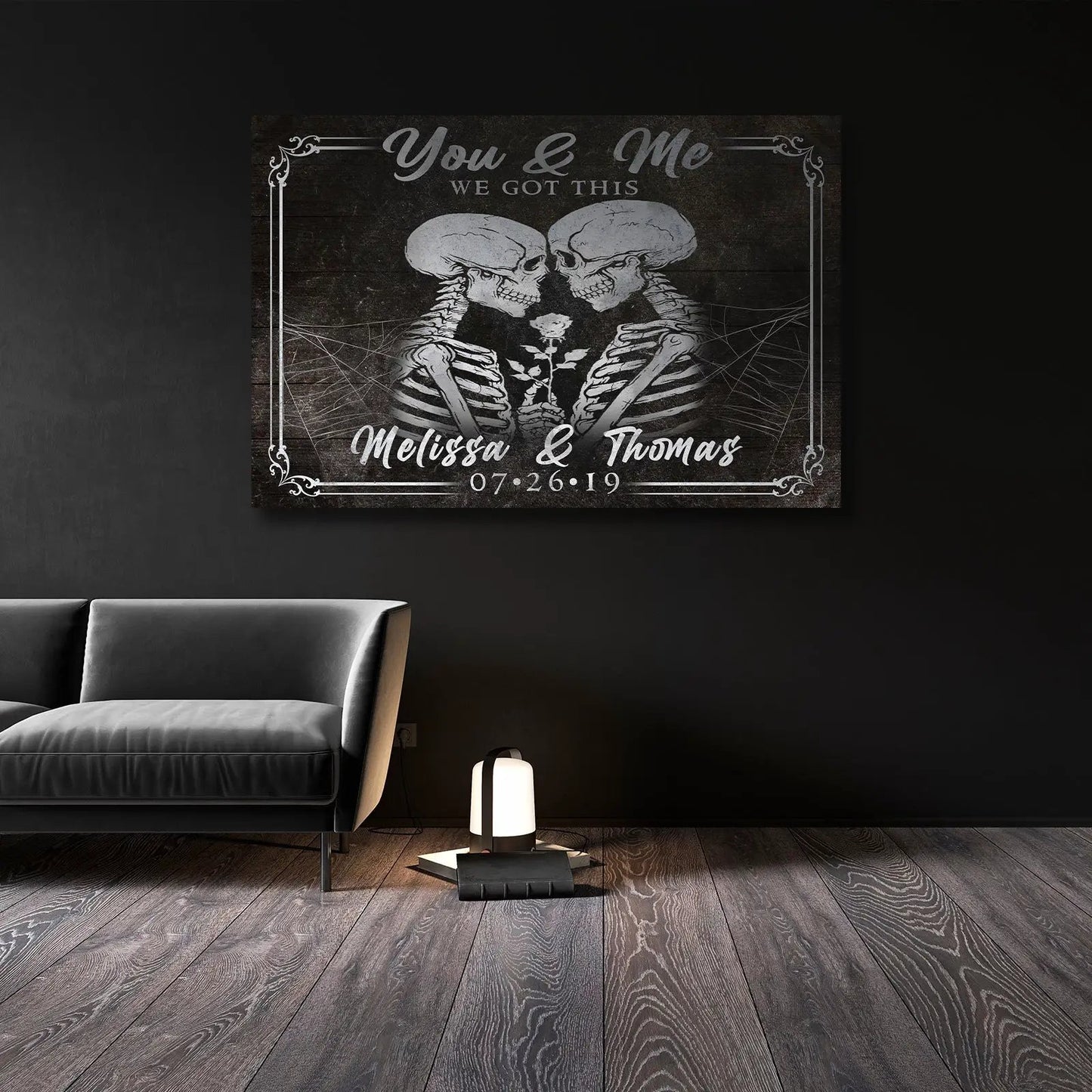 Canvas We Got This Skeleton Couple Sign II Melissa & Thomas on rustic wood 07-26-19 on Tampa Home & Garden Store