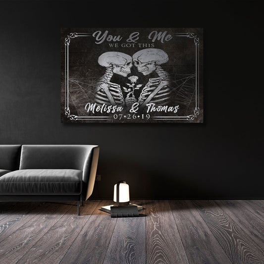 Canvas wall art We Got This Skeleton Sign with kissing skeletons and Melissa & Thomas on Tampa Home & Garden Store