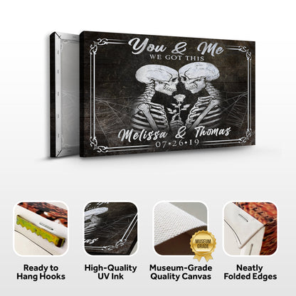 Tailored Canvases canvas sign You & Me skeleton couple on dark wood with ornate border on Tampa Home & Garden Store