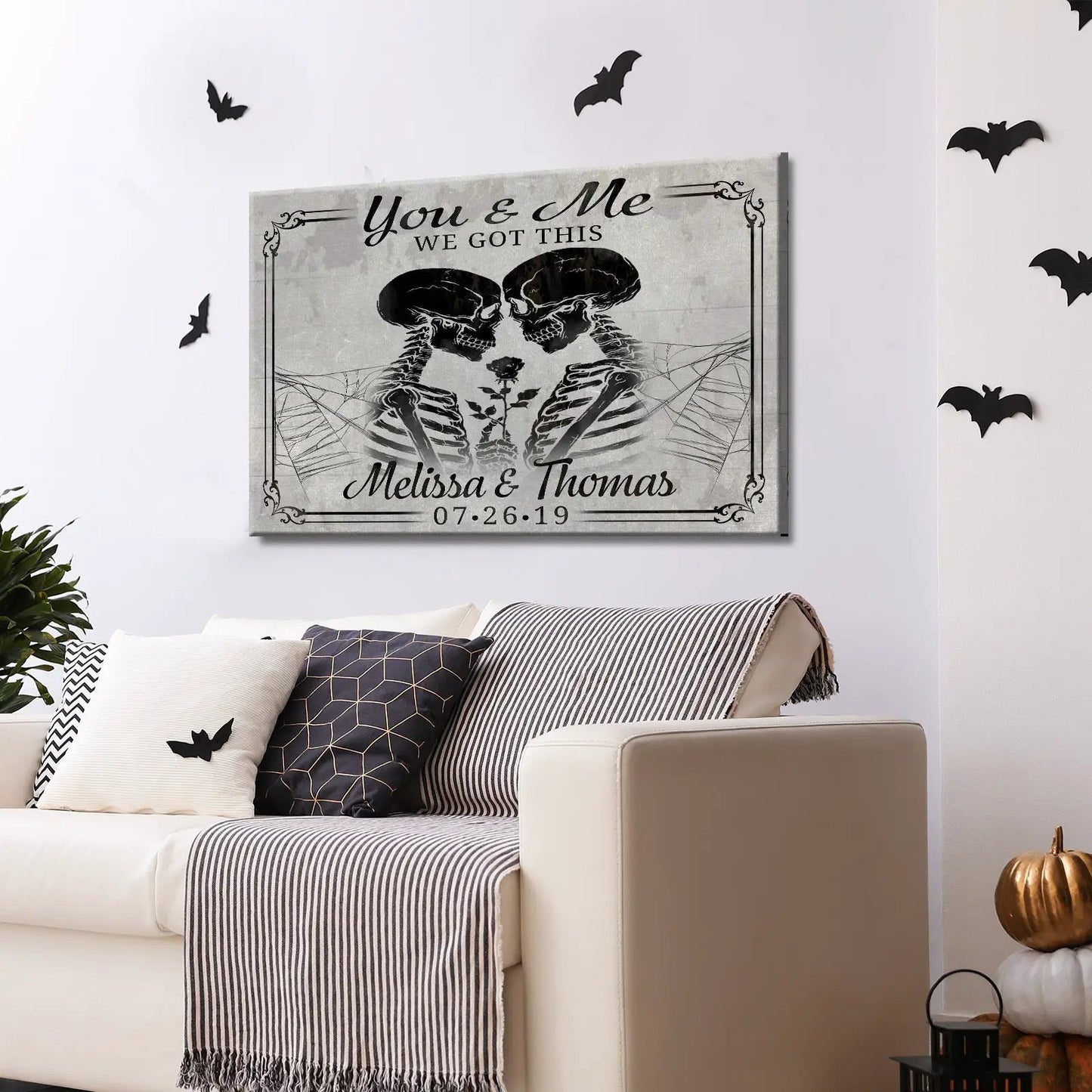 Skeleton couple sign canvas by Tailored Canvases; gray background, two kissing skeletons on Tampa Home & Garden Store