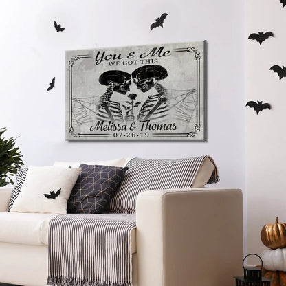 Skeleton couple sign canvas by Tailored Canvases; gray background, two kissing skeletons on Tampa Home & Garden Store