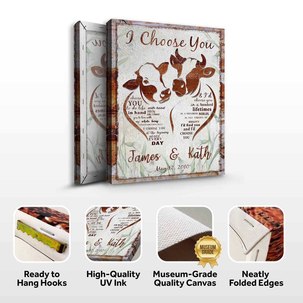 I Choose You Cow Couple Sign canvas by Tailored Canvases with rustic heart-shaped cows on Tampa Home & Garden Store
