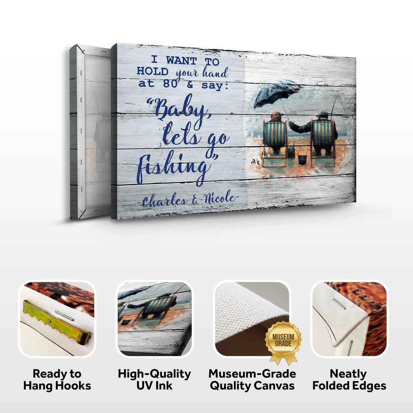 Canvas Hold Your Hand at 80 Sign by Tailored Canvases blue script on wood fishing scene on Tampa Home & Garden Store