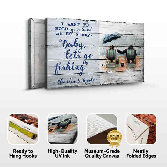 Canvas Hold Your Hand at 80 Sign by Tailored Canvases blue script on wood fishing scene on Tampa Home & Garden Store