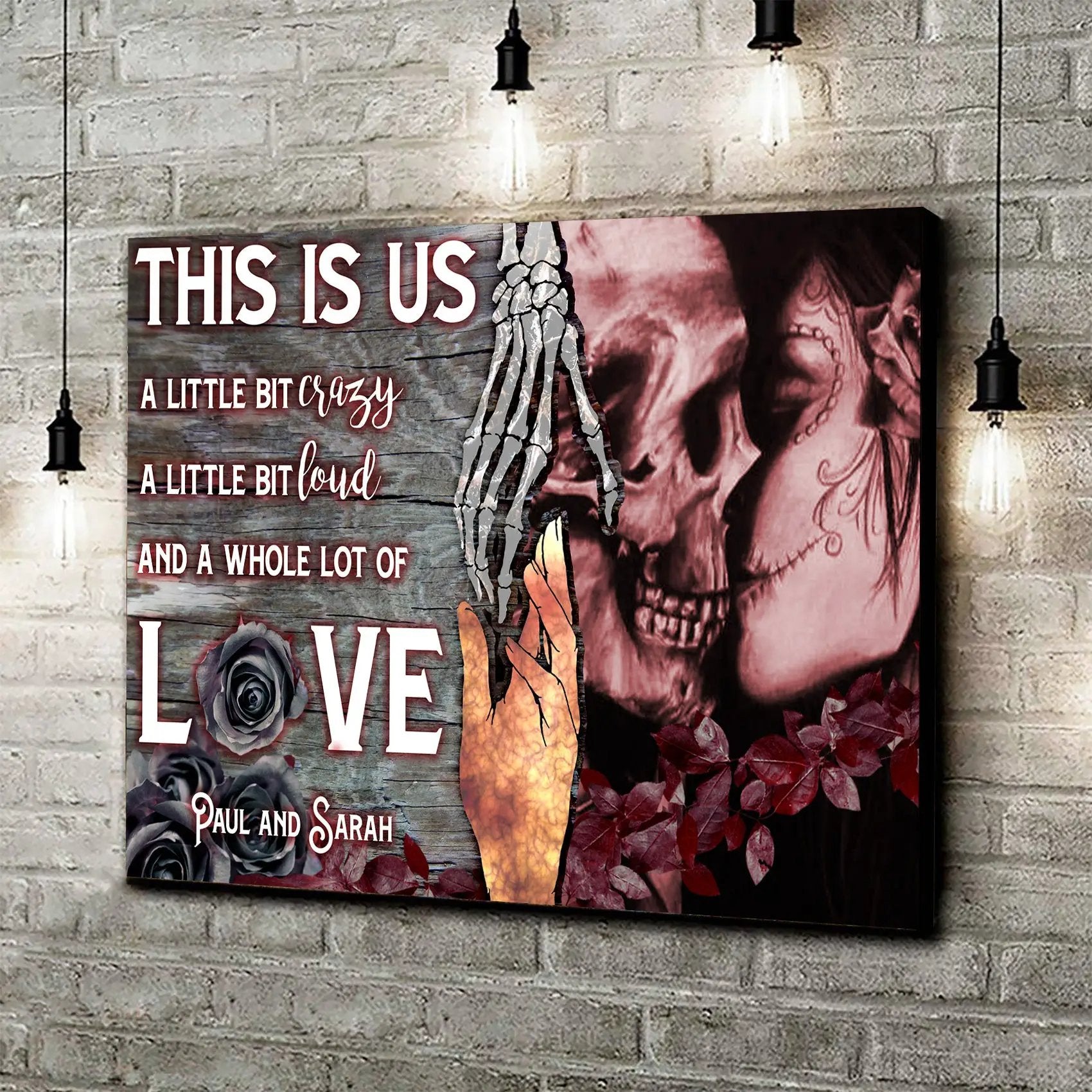 This Is Us Gothic Couple Sign canvas by Tailored Canvases; backdrop, skeleton hands, roses on Tampa Home & Garden Store