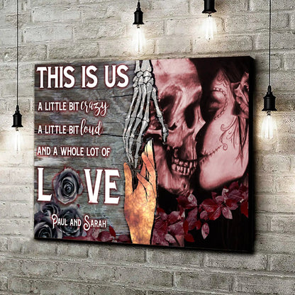 This Is Us Gothic Couple Sign canvas by Tailored Canvases; backdrop, skeleton hands, roses on Tampa Home & Garden Store