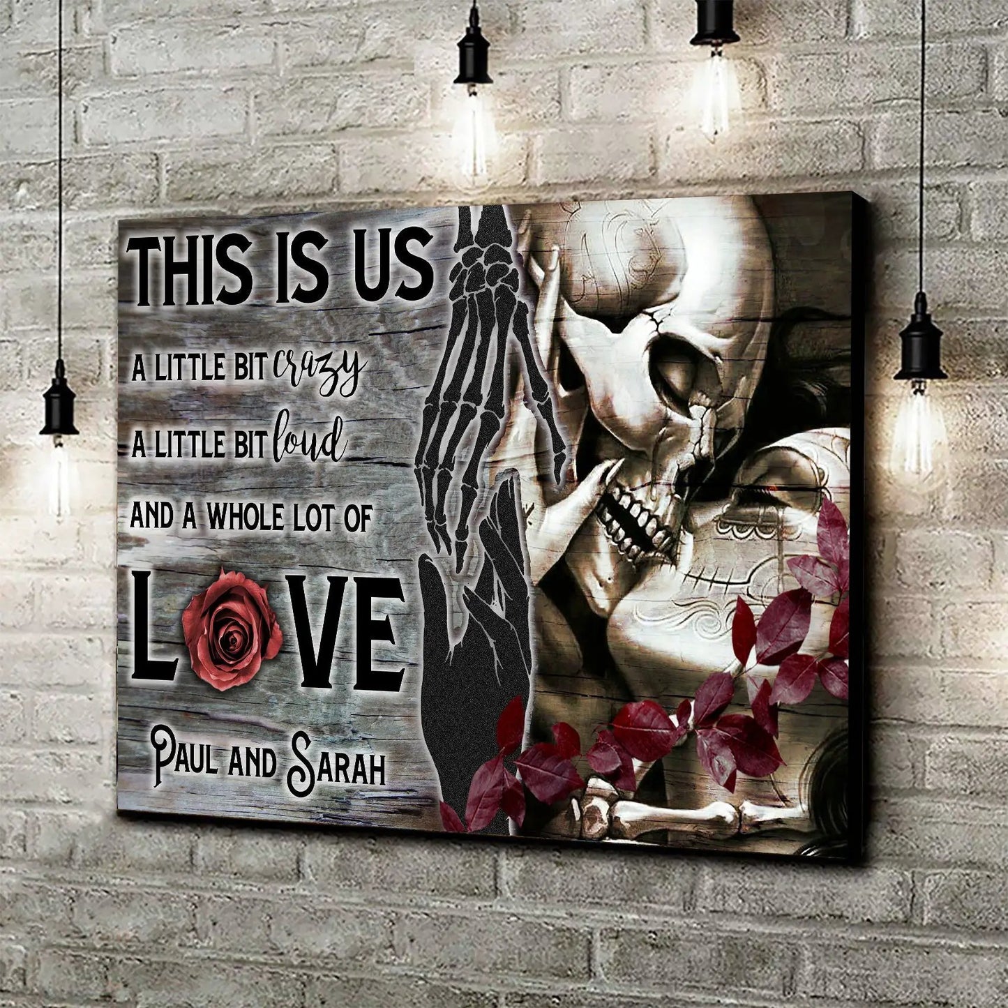 Canvas This Is Us Gothic Couple Sign by Tailored Canvases, wood backdrop, skeletal hands on Tampa Home & Garden Store