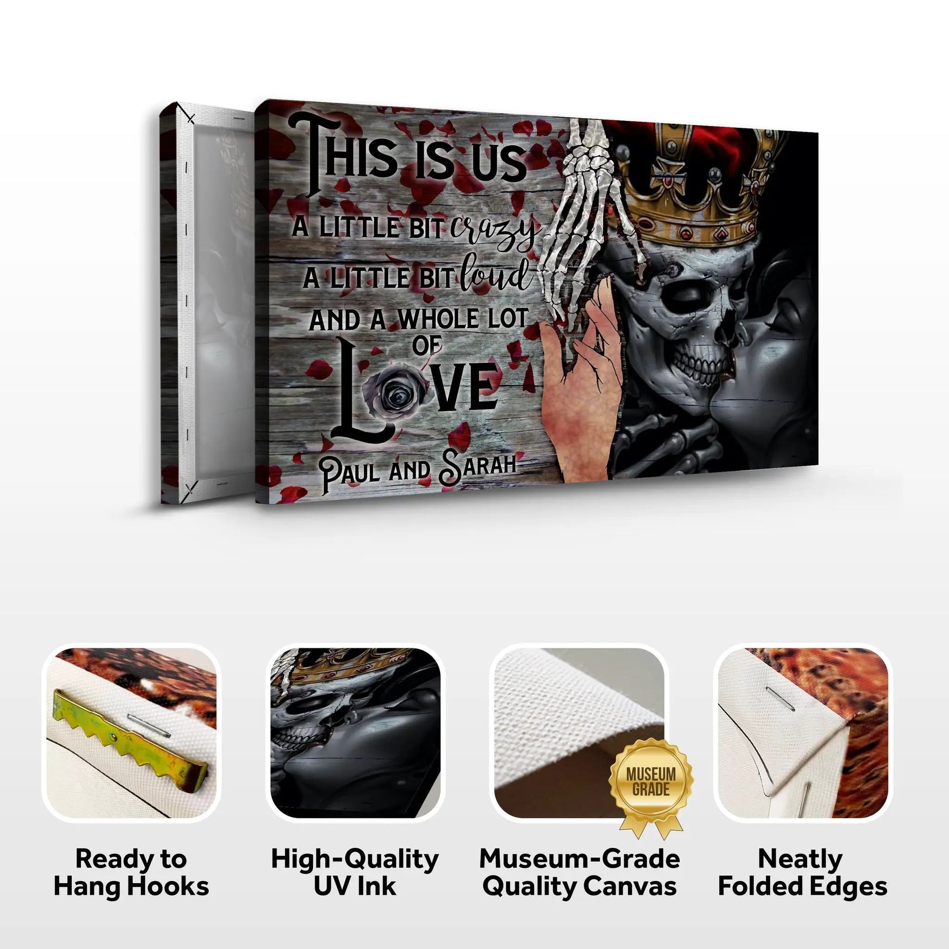 This Is Us Gothic Couple Sign canvas by Tailored Canvases, wood grain crown skeleton hands on Tampa Home & Garden Store