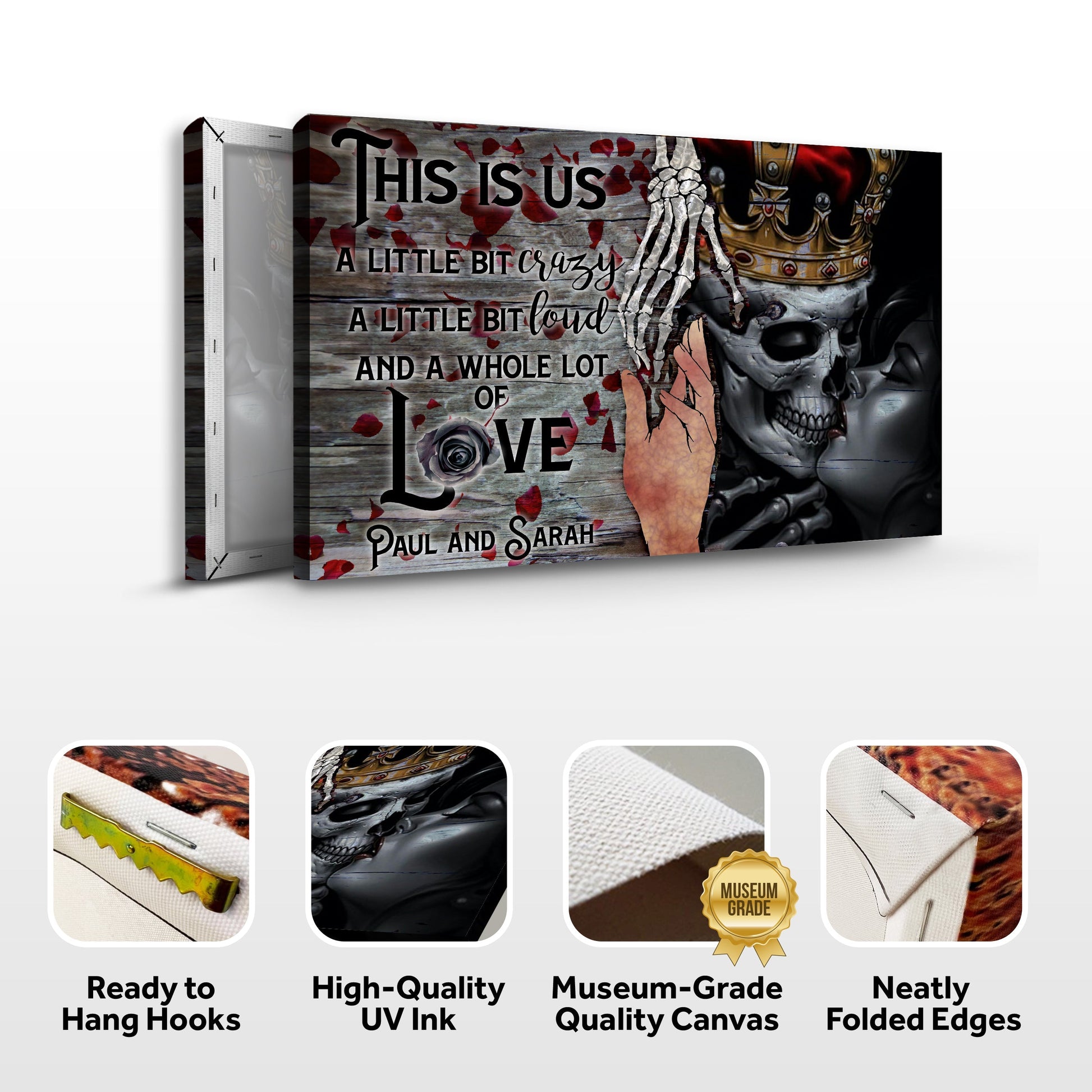 Canvas wall art Gothic couple sign by Tailored Canvases with skull crown, Paul & Sarah on Tampa Home & Garden Store