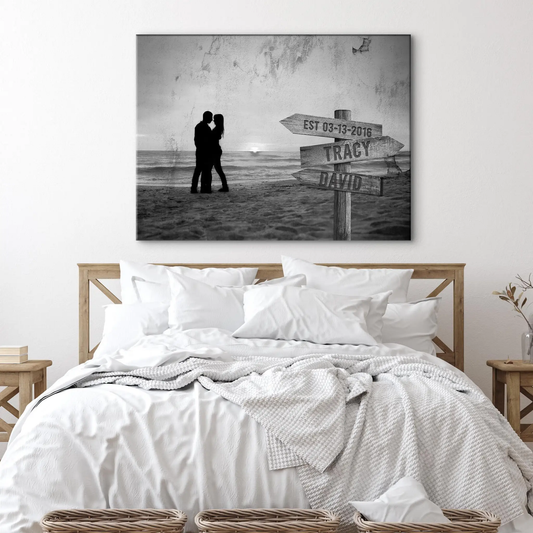 Monochrome Sunset Couple Sign canvas by Tailored Canvases with kissing couple on the beach on Tampa Home & Garden Store