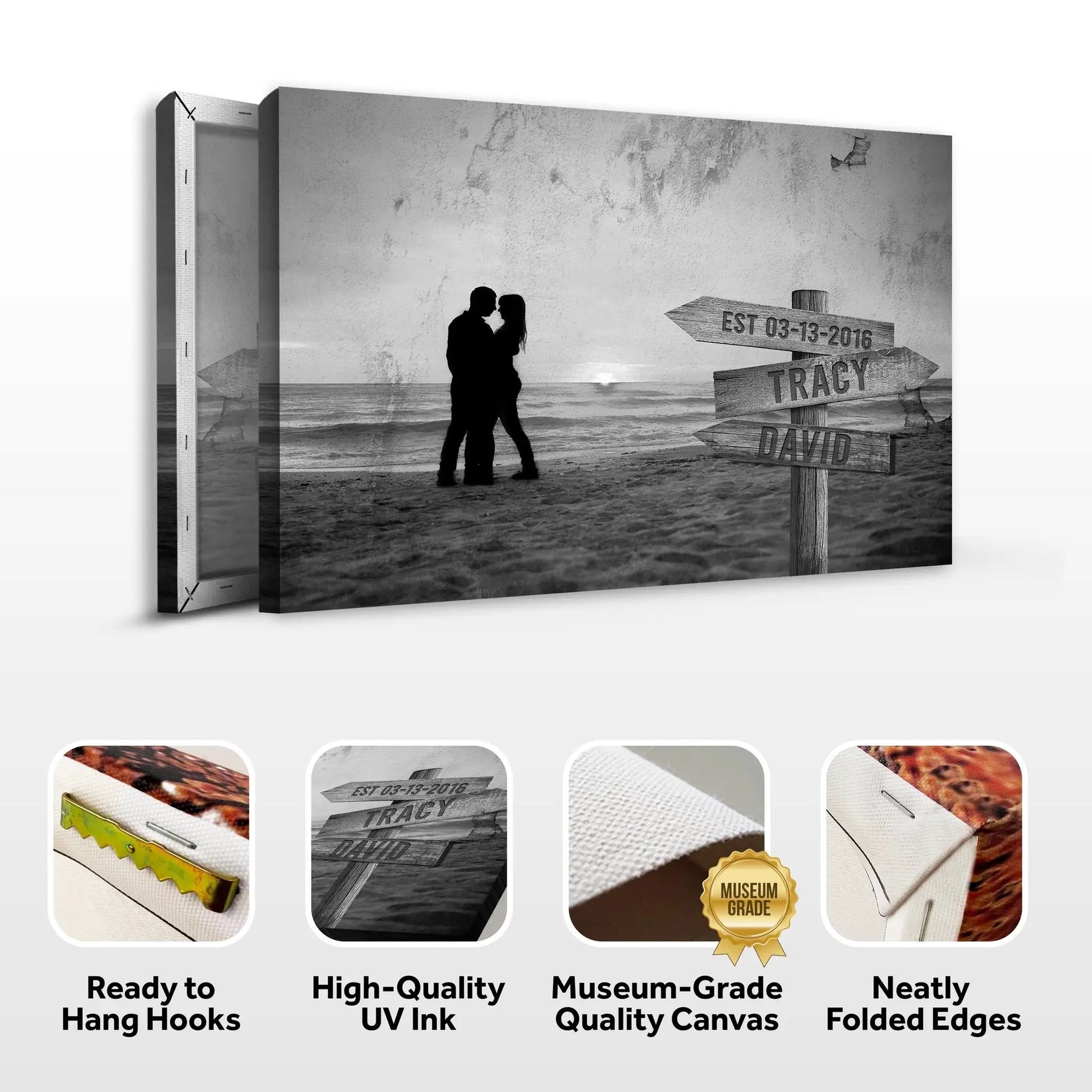 Monochrome Sunset Couple Sign Canvas by Tailored Canvases grayscale beach scene with couple on Tampa Home & Garden Store