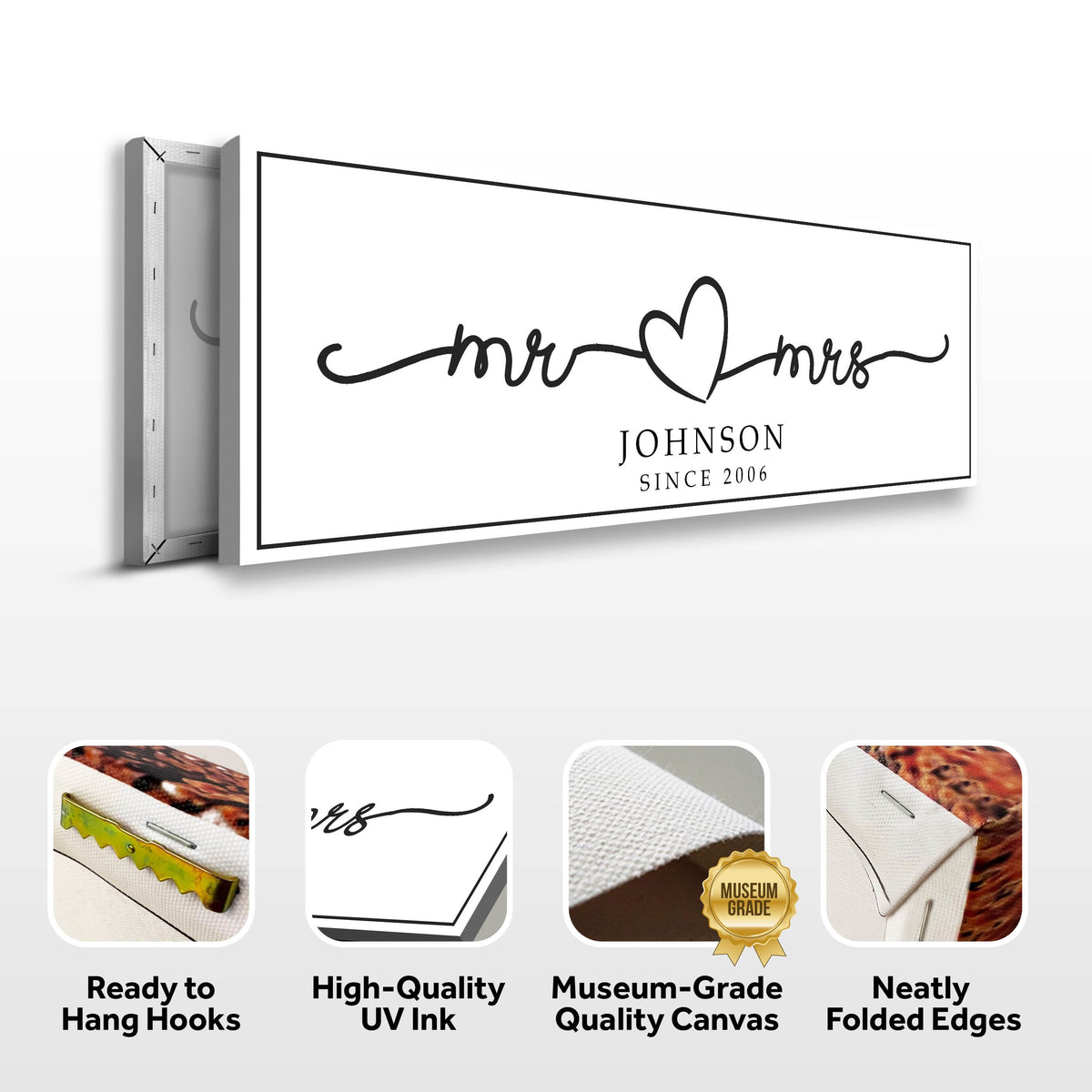Mr and Mrs sign crafting canvas by Tailored Canvases with heart motif on Tampa Home & Garden Store