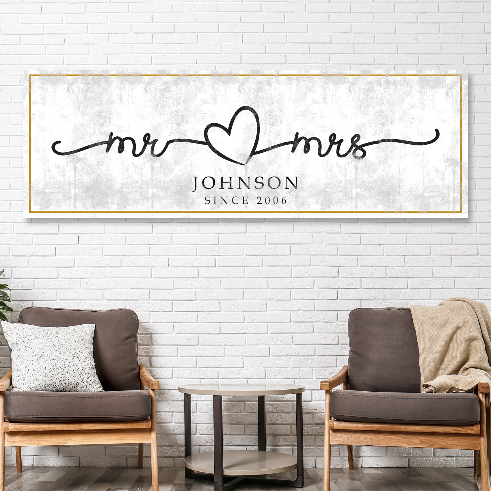 Mr and Mrs Sign canvas by Tailored Canvases heart motif on gray backdrop and gold border on Tampa Home & Garden Store