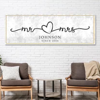 Mr and Mrs Sign canvas by Tailored Canvases heart motif on gray backdrop and gold border on Tampa Home & Garden Store