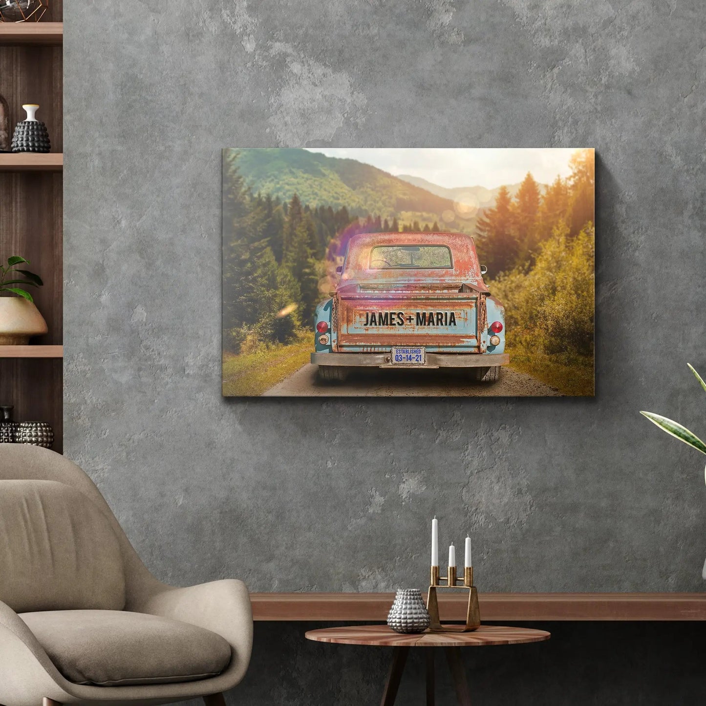Rustic Truck Sign canvas print with a weathered red truck amid green forest by Tailored Canvases on Tampa Home & Garden Store