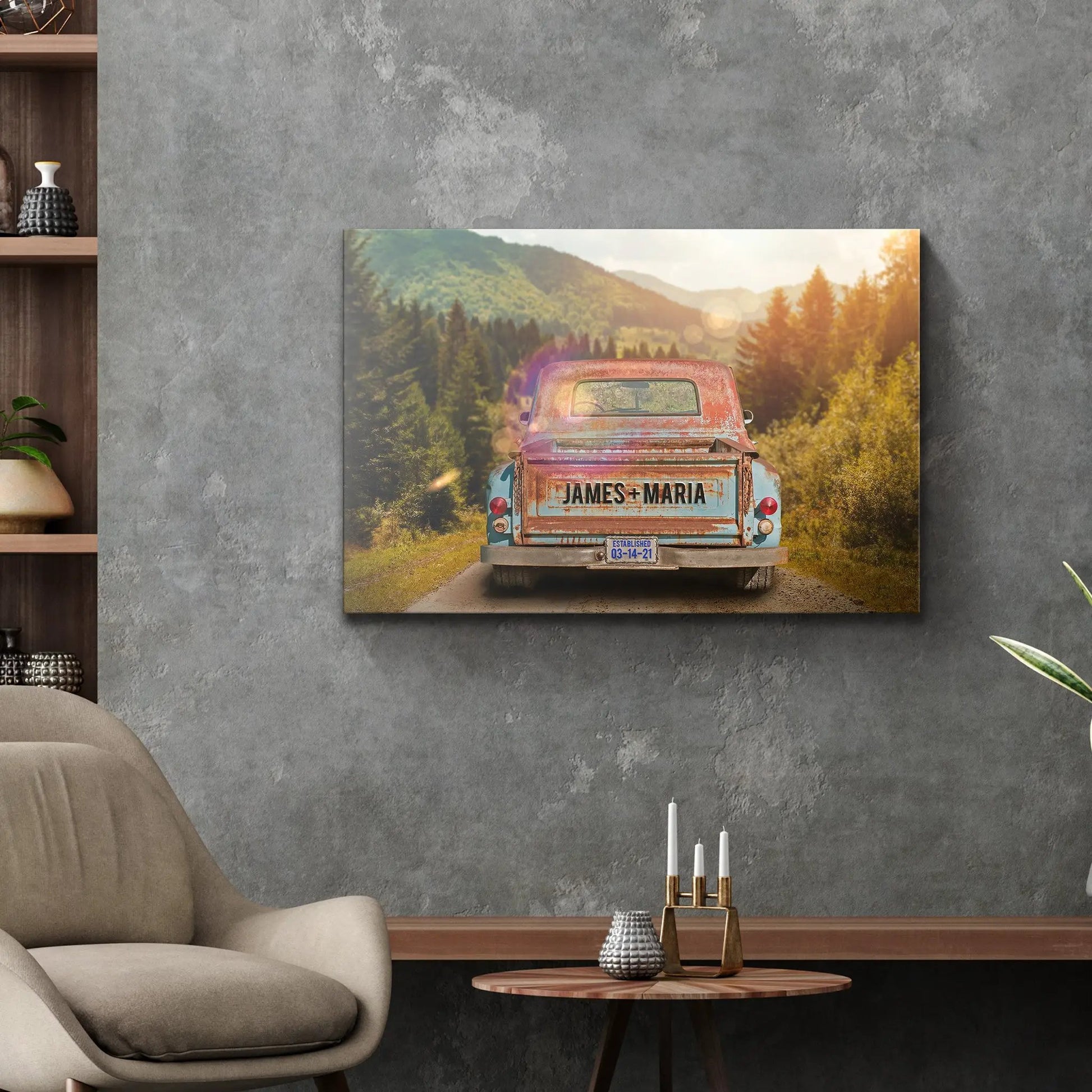 Rustic Truck Sign canvas print with a weathered red truck amid green forest by Tailored Canvases on Tampa Home & Garden Store