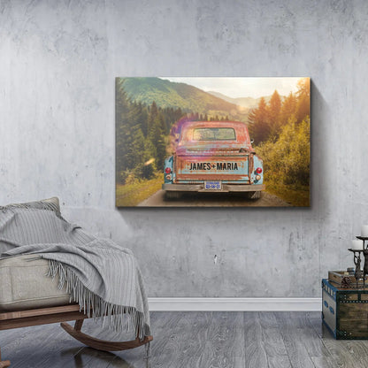 Rustic truck sign canvas wall art featuring a weathered red pickup and JAMES + MARIA on the tailgate on Tampa Home & Garden Store