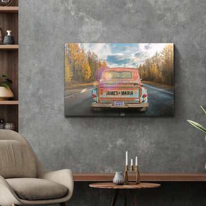 Rustic Truck Sign canvas by Tailored Canvases featuring a rusty vintage truck on a forest road on Tampa Home & Garden Store