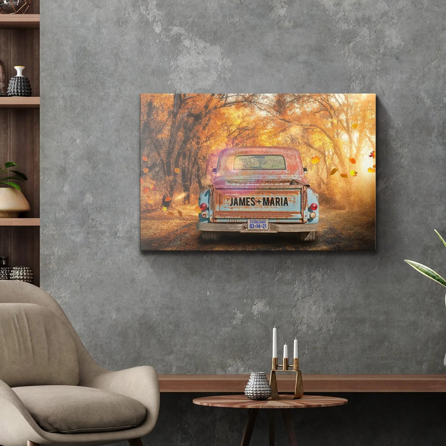 Rustic Truck Sign canvas print with vintage blue truck among autumn trees Tailored Canvases on Tampa Home & Garden Store