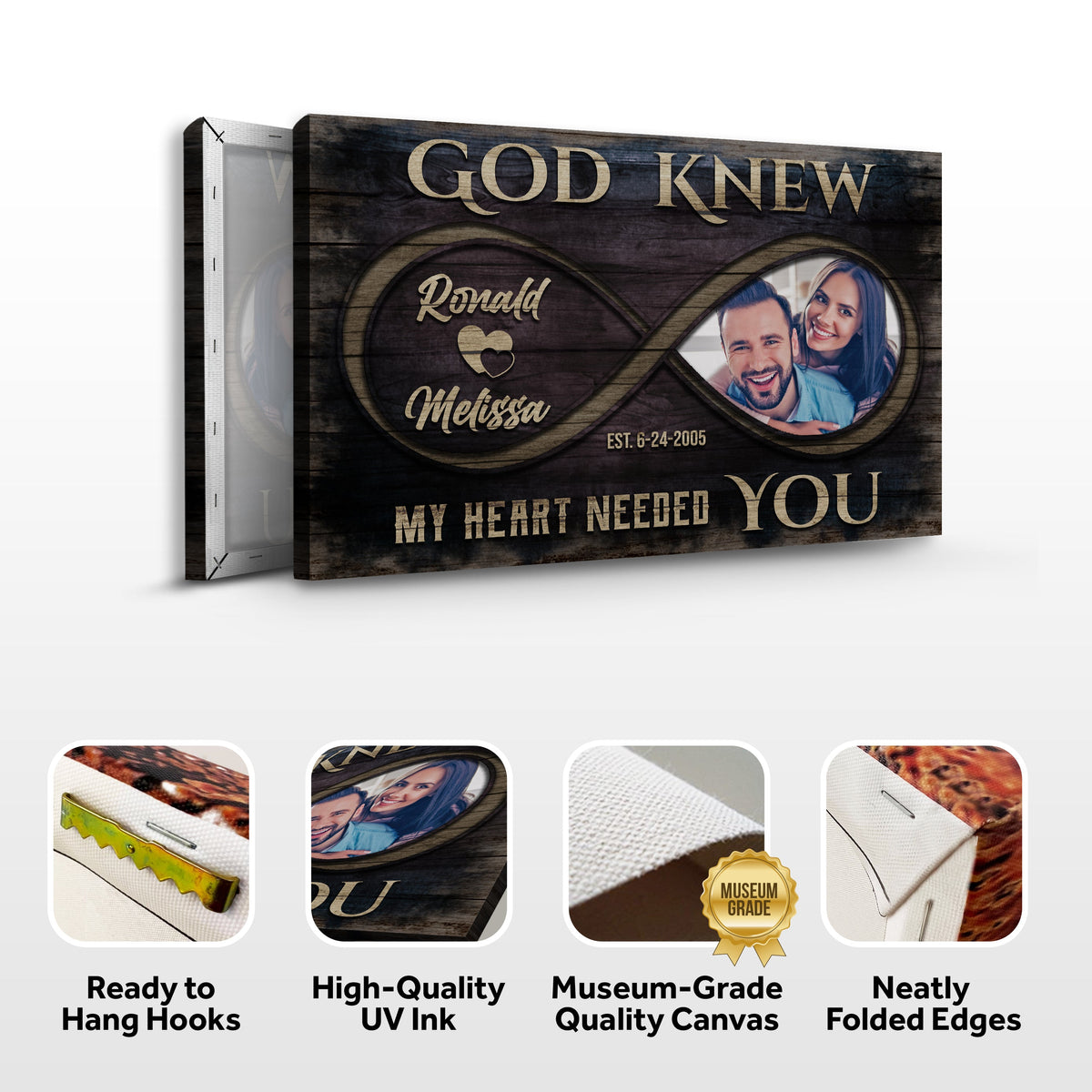 God Knew Couple Sign II canvas by Tailored Canvases rustic wood grain with couple photo insert on Tampa Home & Garden Store