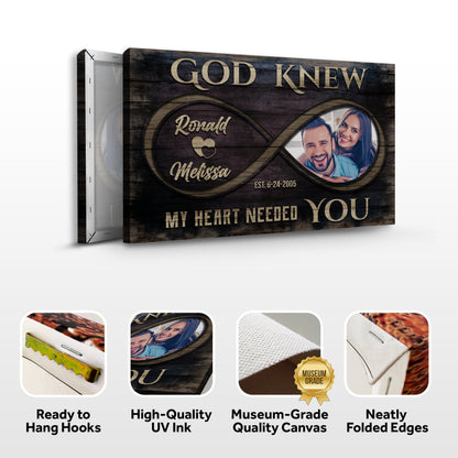 God Knew Couple Sign II canvas by Tailored Canvases rustic wood grain with couple photo insert on Tampa Home & Garden Store