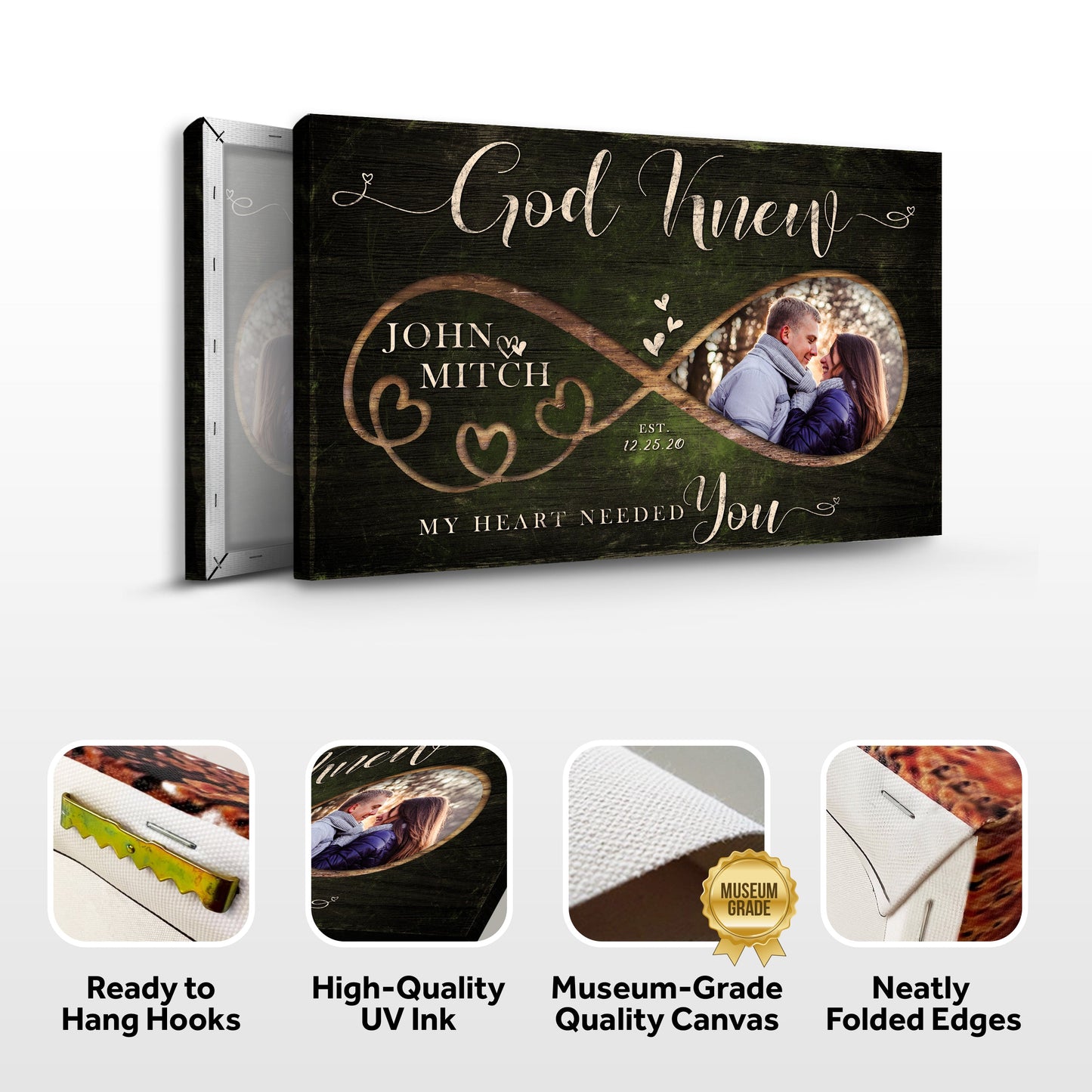 Canvas God Knew Couple Sign Tailored Canvases rustic woodgrain with heart photo of a couple on Tampa Home & Garden Store