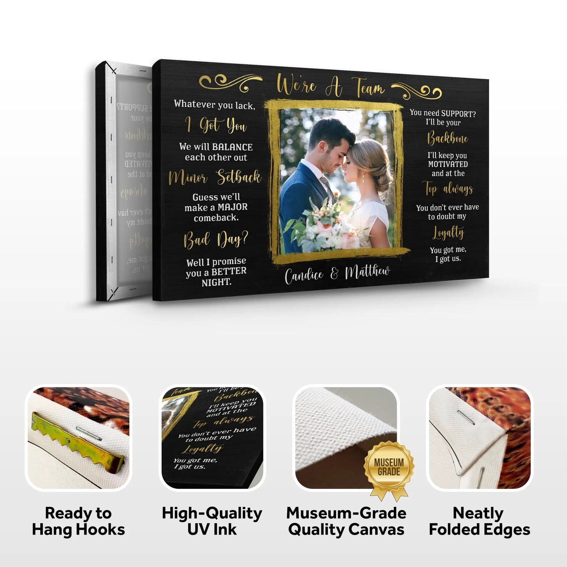Canvas sign We're A Team Couple by Tailored Canvases; black crafting canvas with gold script and a couple photo framed in gold on Tampa Home & Garden Store