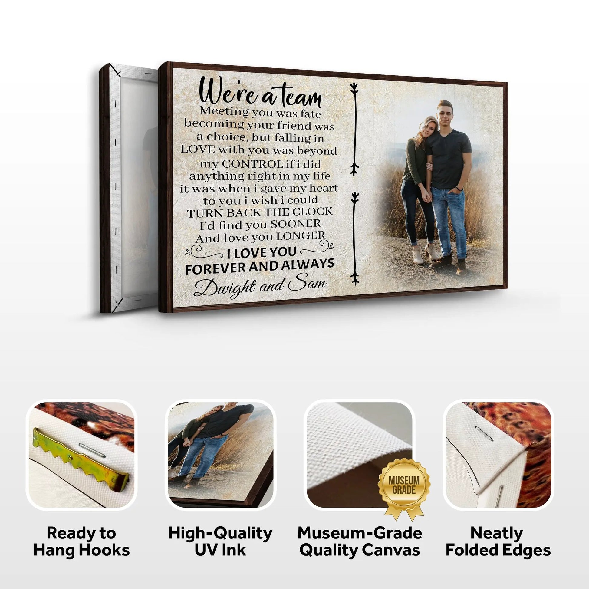We're a Team Couple Sign Canvas with beige background black script text and couple photo on Tampa Home & Garden Store