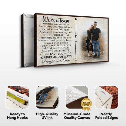 We're a Team Couple Sign Canvas with beige background black script text and couple photo on Tampa Home & Garden Store